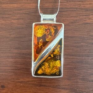 Sterling Silver Baltic Amber Pendant Necklace with Honey and Green Amber